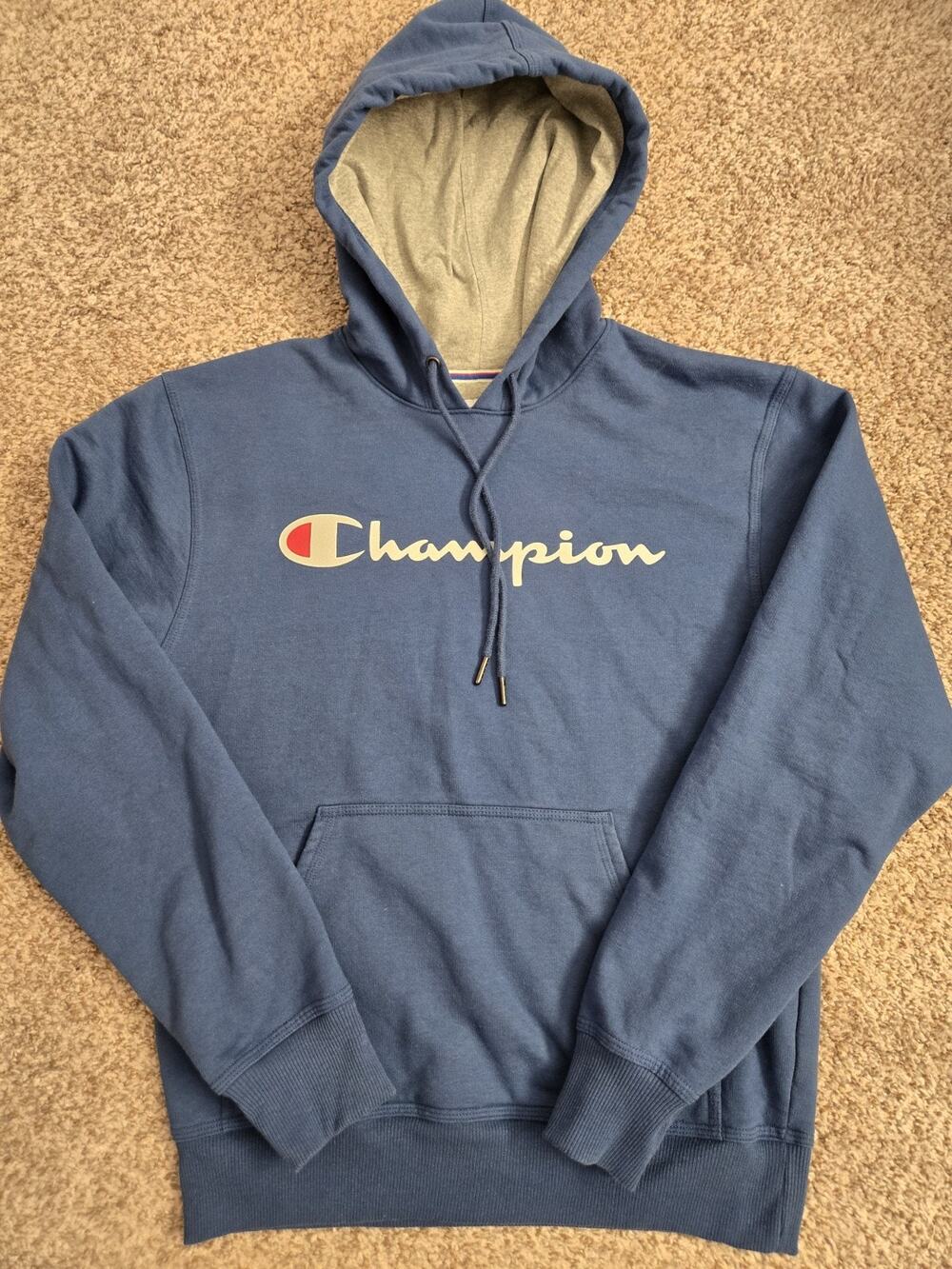 Champion Large Logo Men’s Royal Blue Hoodie Sweatshirt Pullover Cord Size Small